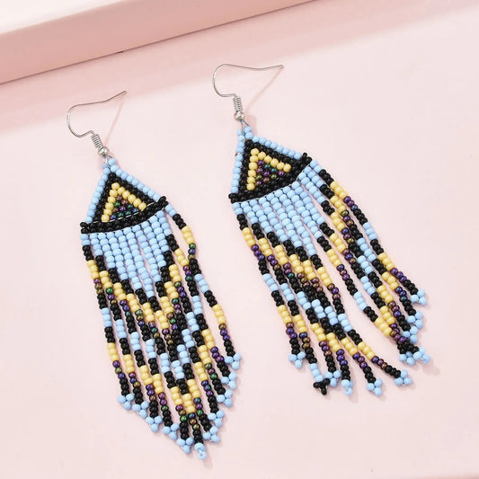 Beaded handmade tassel earrings - Blue