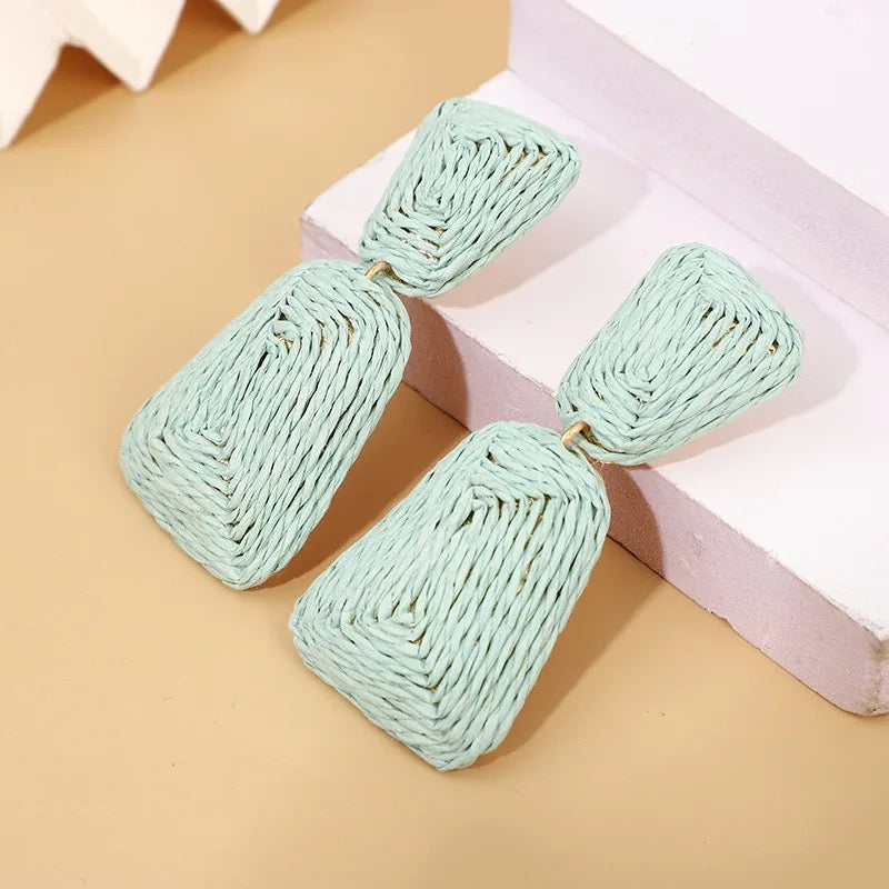 Boho statement raffia drop earrings - Mint