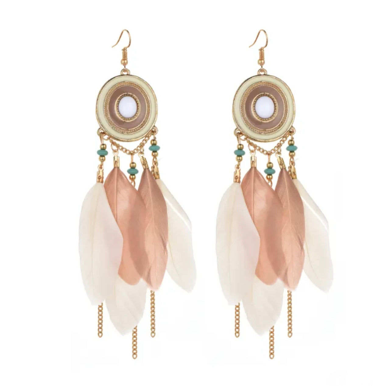 Bohemian feather dangles circle inlay - White