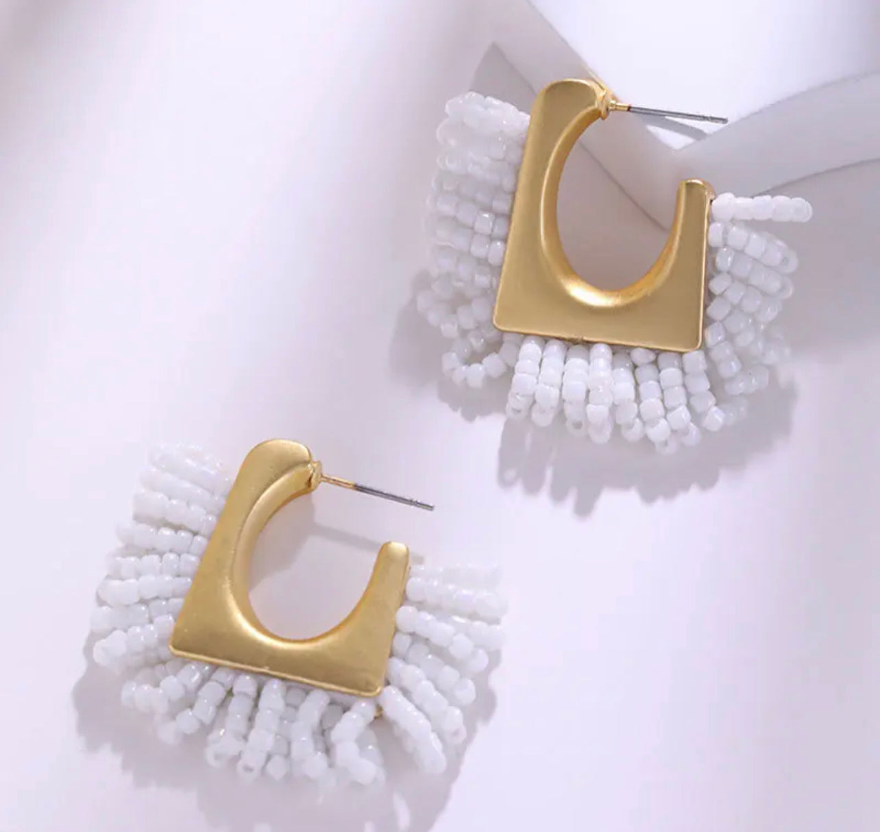 Gold Beaded Square Hoop (medium) - White