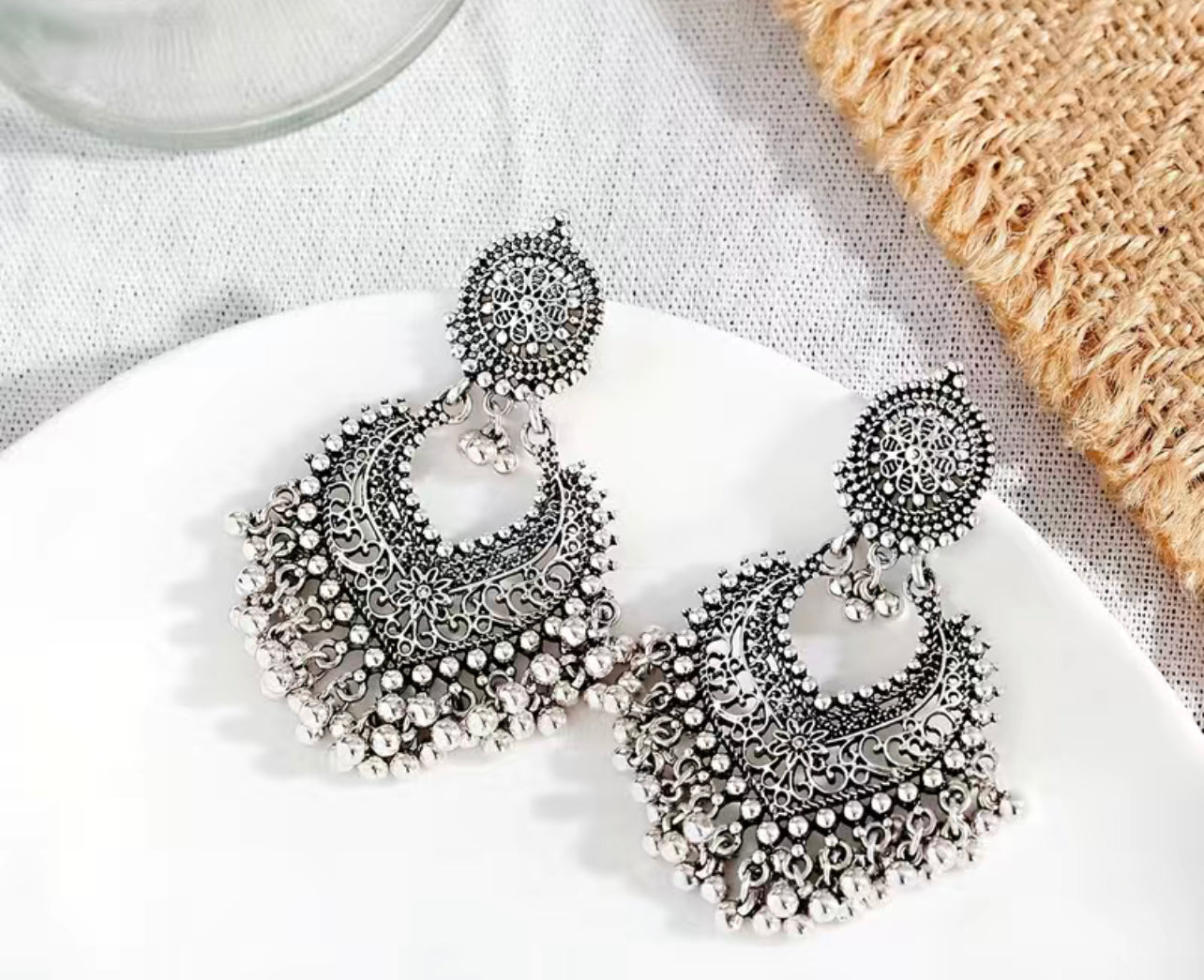 Large silver tone boho bridal earrings