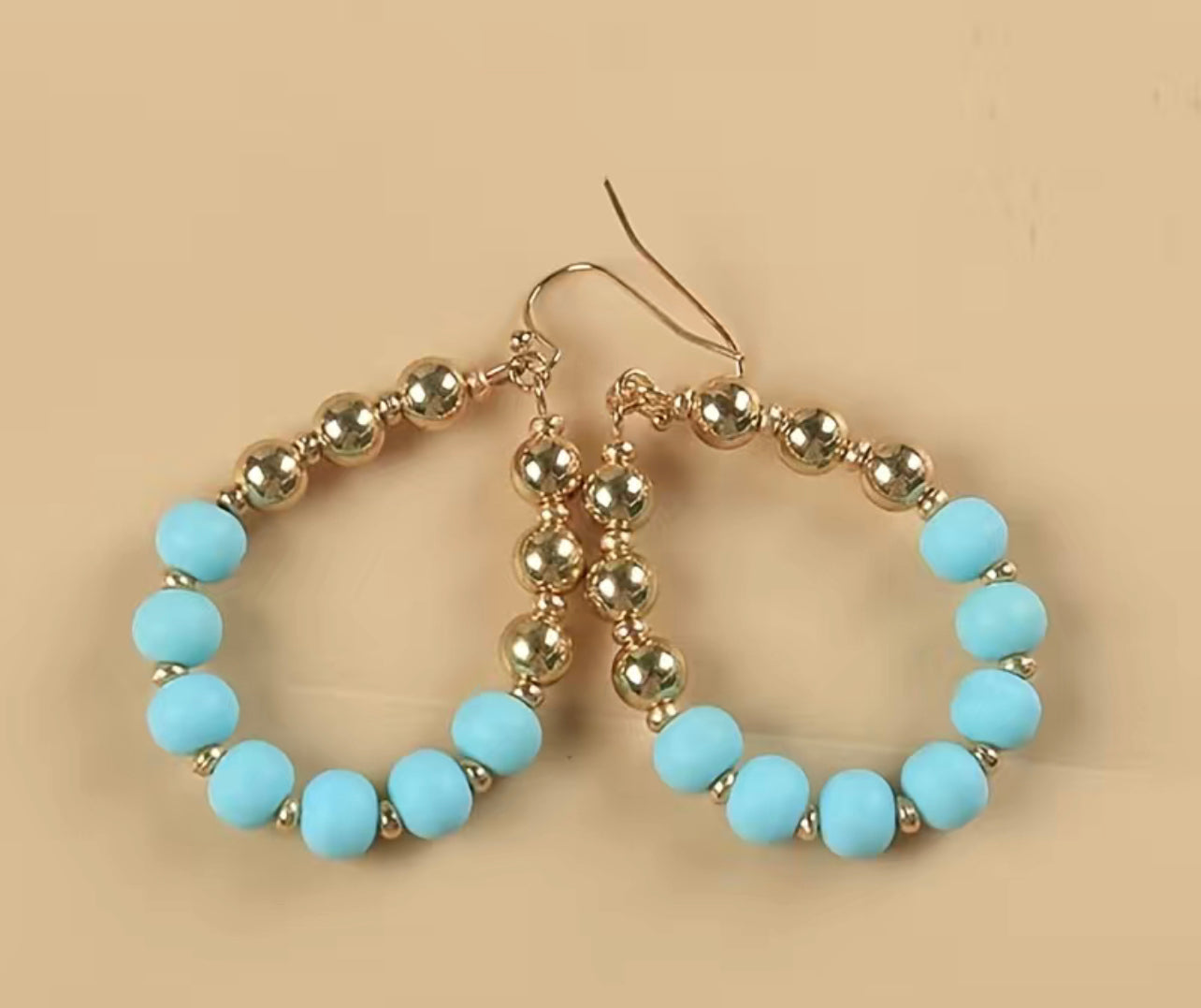 Gold tone beaded teardrop earrings - Aqua