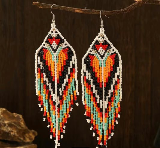 Aztec beaded large statement tassel earrings - Orange
