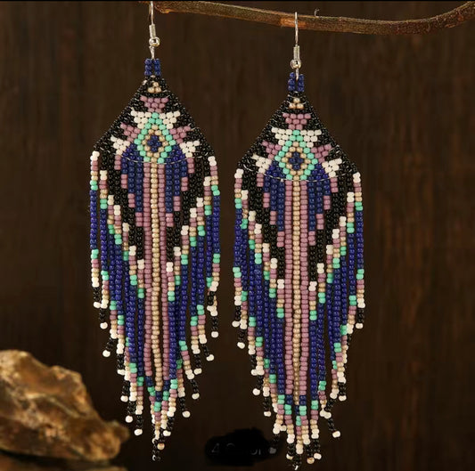 Aztec beaded large statement tassel earrings - Blue