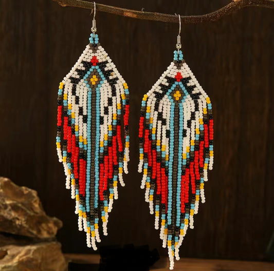 Aztec beaded large statement tassel earrings - Red