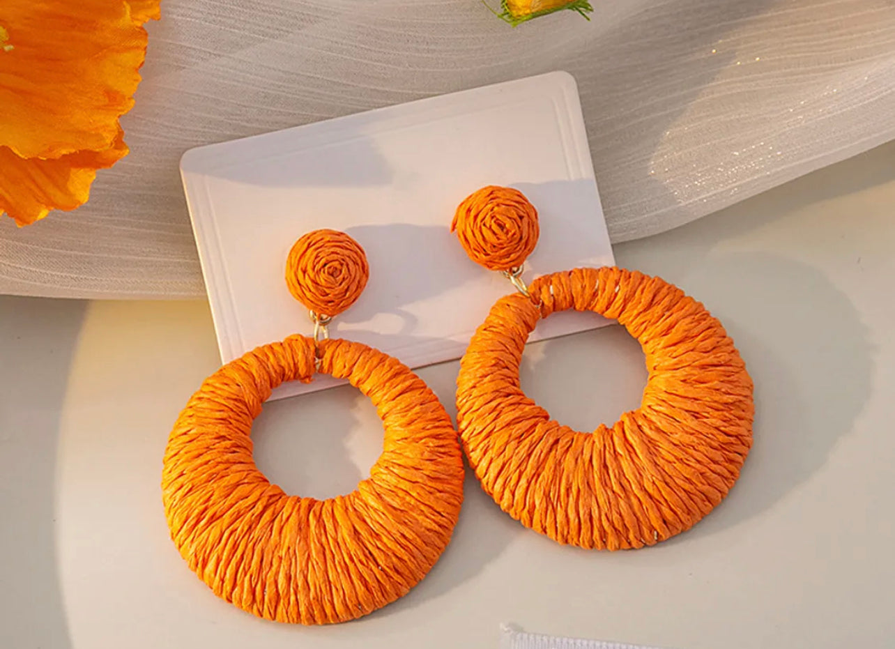 Raffia Circle drop earrings - Orange
