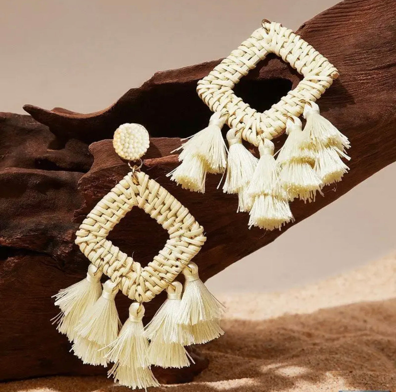 Boho statement raffia diamond shaped tassel earrings - White