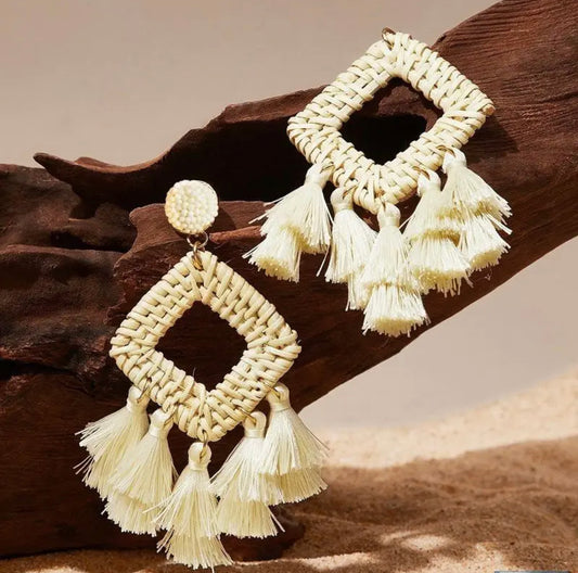 Boho statement raffia diamond shaped tassel earrings - White