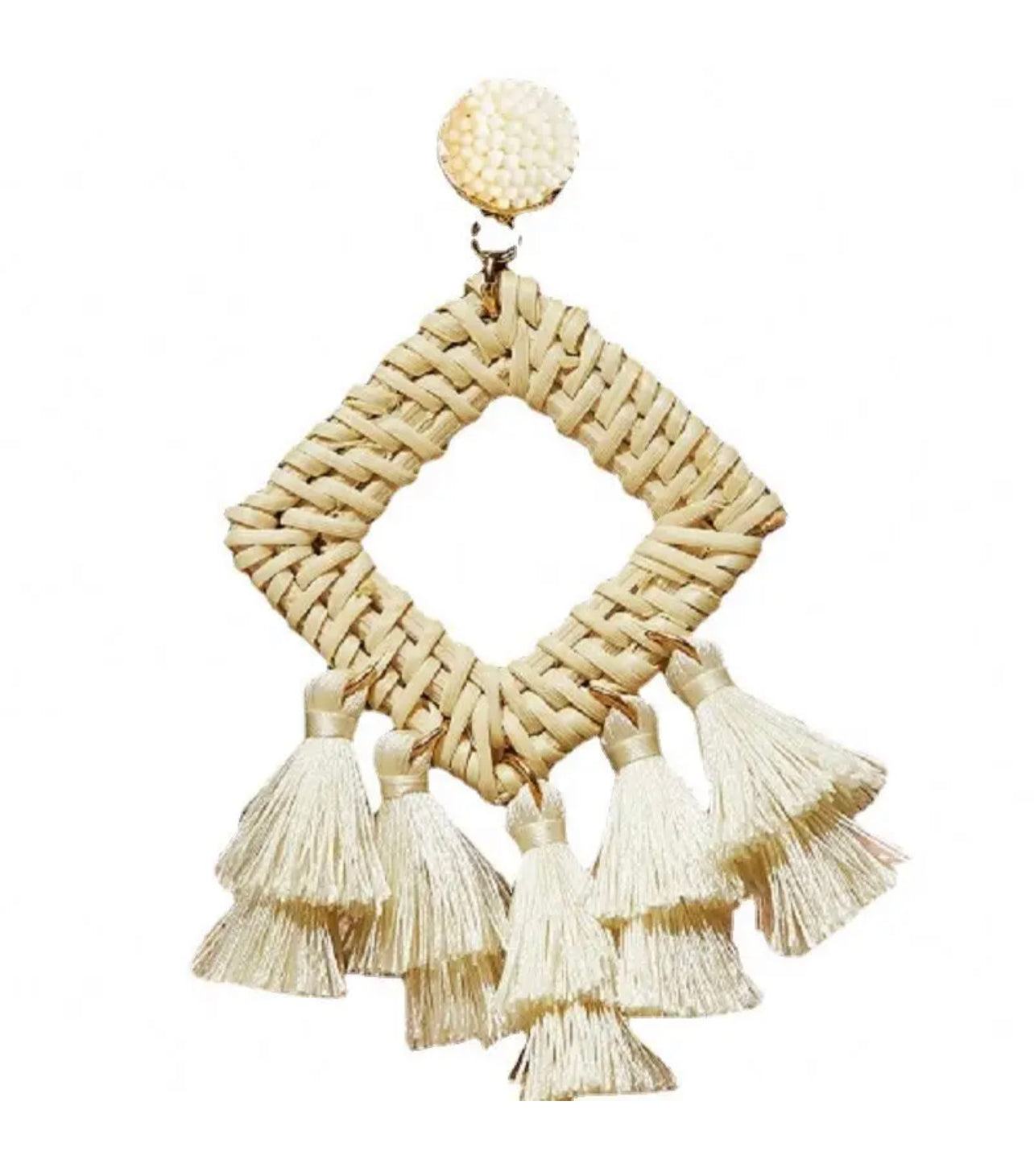Boho statement raffia diamond shaped tassel earrings - White
