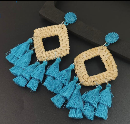 Boho statement raffia diamond shaped tassel earrings - Blue