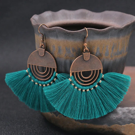 Boho fan tassel earrings - Green