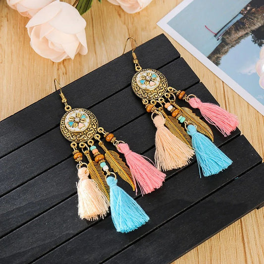 Bohemian circle flower inlay tassel earrings - Light Mix