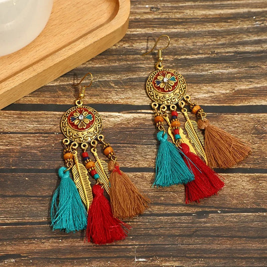 Bohemian circle flower inlay tassel earrings - Dark Mix