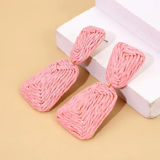 Boho statement raffia drop earrings - Pink