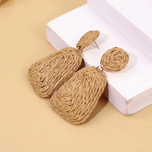 Boho statement raffia drop earrings - Natural