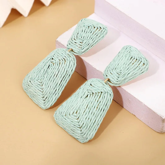 Boho statement raffia drop earrings - Mint