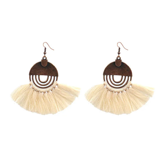 Boho fan tassel earrings - White