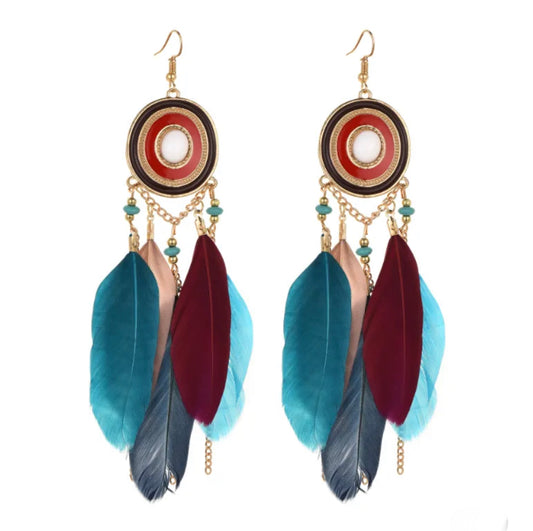 Bohemian feather dangles circle inlay - Dark Mix