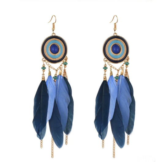 Bohemian feather dangles circle inlay - Dark Blue