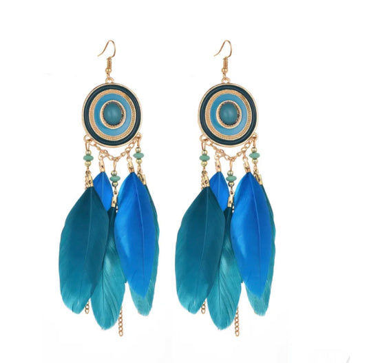 Bohemian feather dangles circle inlay - Light Blue