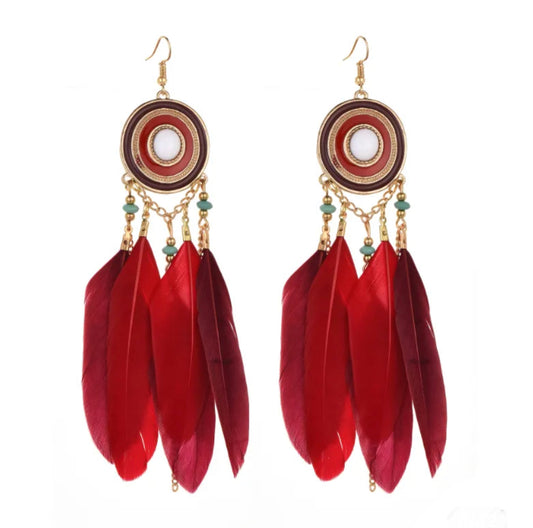 Bohemian feather dangles circle inlay - Red