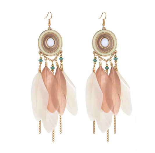 Bohemian feather dangles circle inlay - White