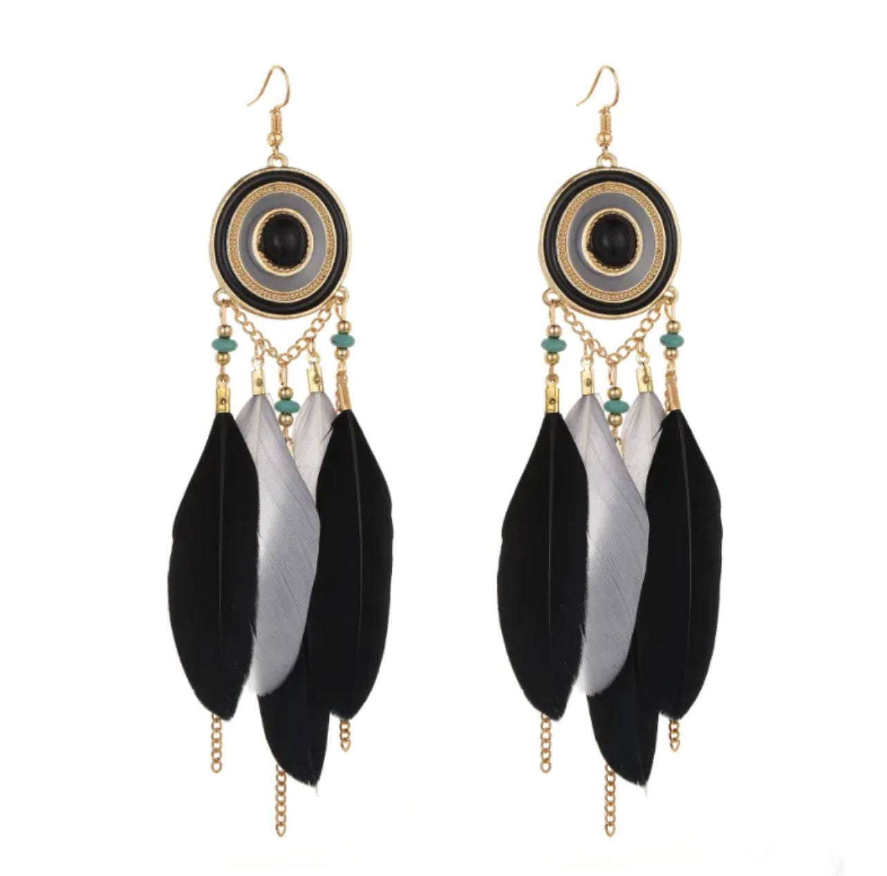 Bohemian feather dangles circle inlay - Black