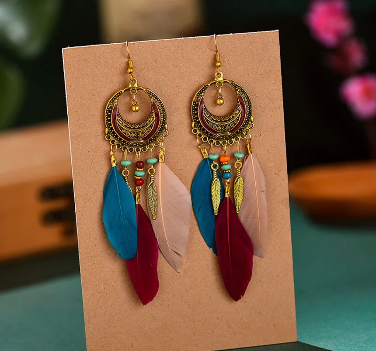 Bohemian dangle earrings half moon feather - Dark Mix