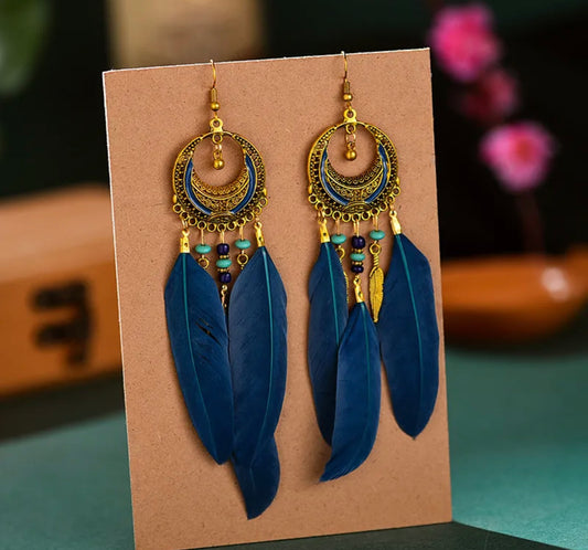 Bohemian dangle earrings half moon feather - Navy Blue