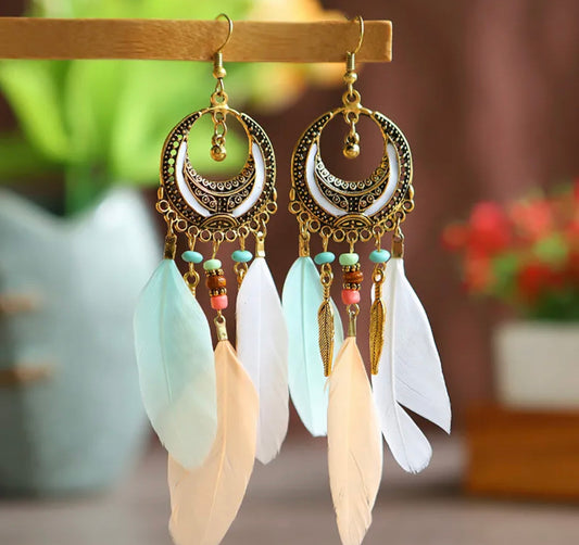 Bohemian dangle earrings half moon feather - Light Mix