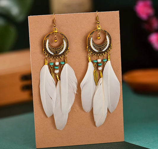 Bohemian dangle earrings half moon feather - White