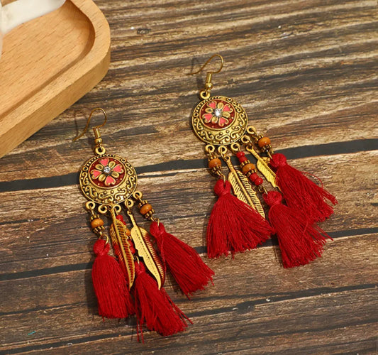 Bohemian circle flower inlay tassel earrings - Red