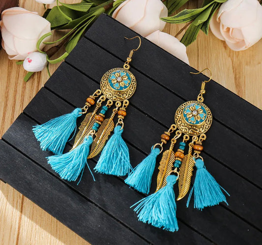 Bohemian circle flower inlay tassel earrings - Turquoise