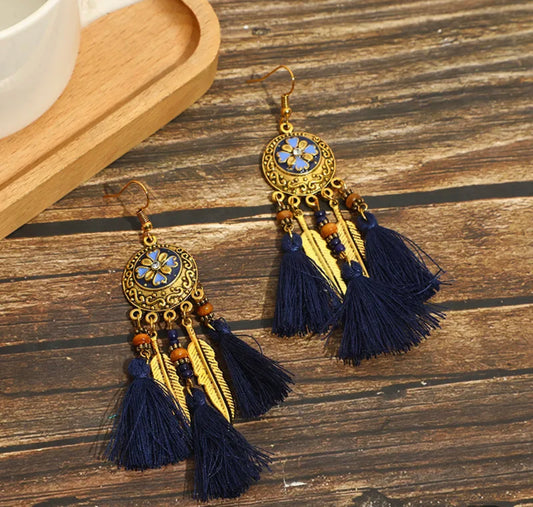 Bohemian circle flower inlay tassel earrings - Navy Blue