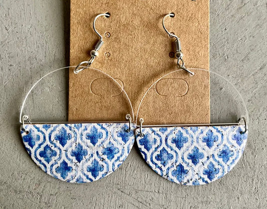 Blue acrylic & leather pattern dangle earrings - A