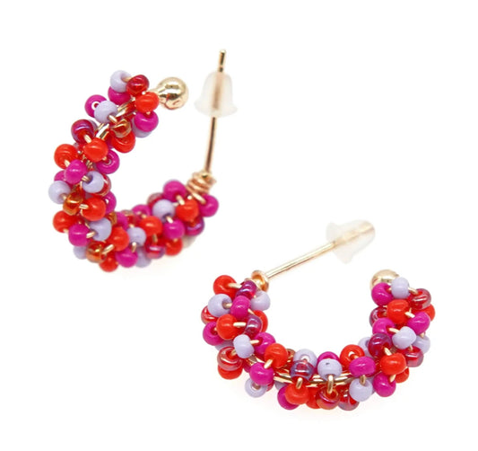 Beaded hoop earrings (small) - Pink