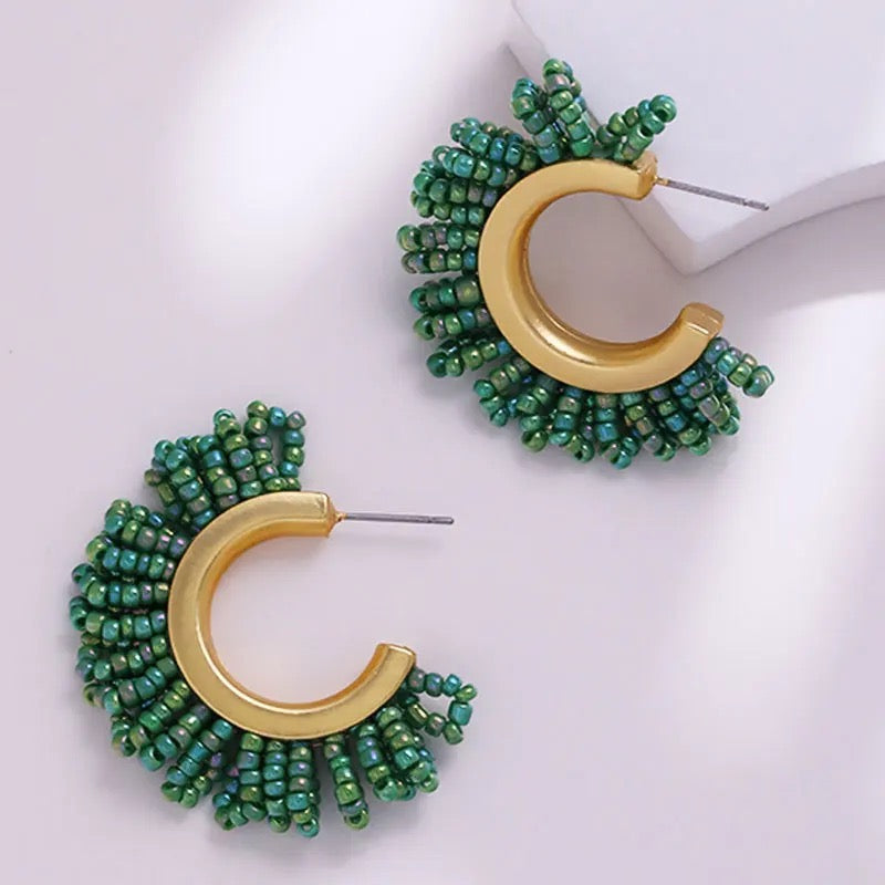 Gold Beaded Hoop (medium) - Green