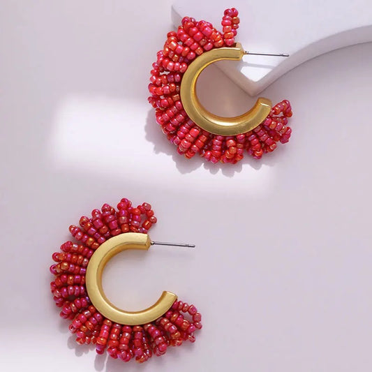 Gold Beaded Hoop (medium) - Red