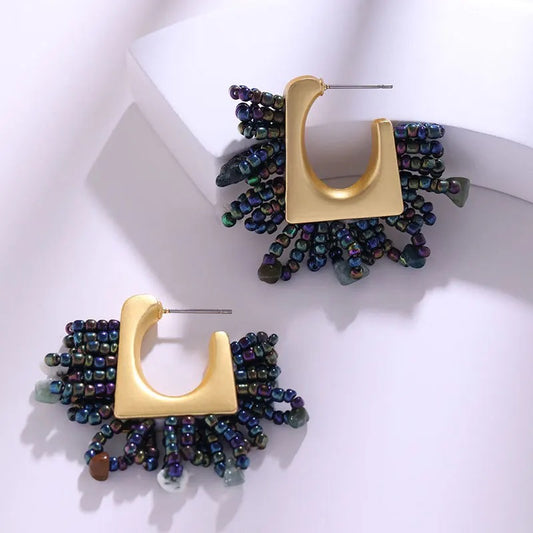 Gold Beaded Square Hoop (medium) - Black