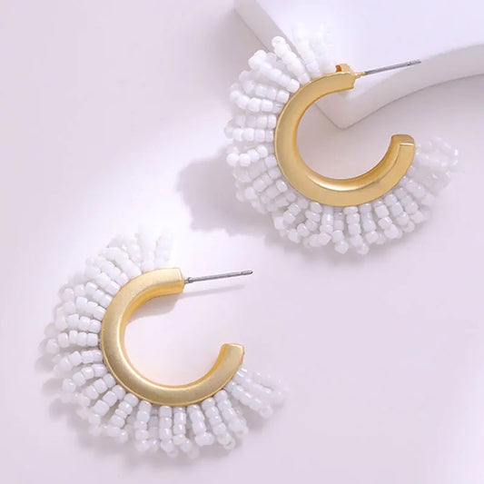 Gold Beaded Hoop (medium) - White