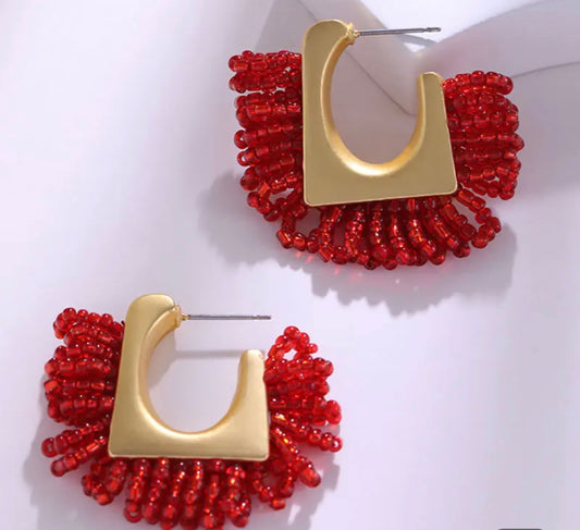 Gold Beaded Square Hoop (medium) - Red