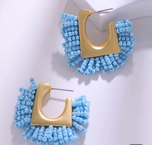 Gold Beaded Square Hoop (medium) - Blue