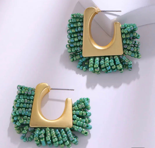 Gold Beaded Square Hoop (medium) - Green