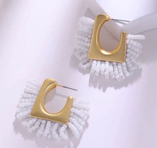 Gold Beaded Square Hoop (medium) - White