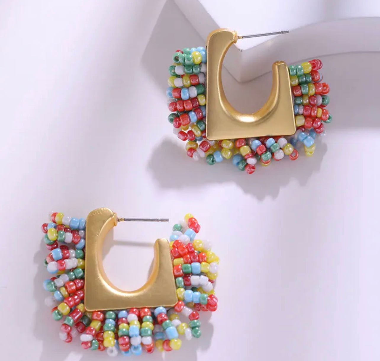 Gold Beaded Square Hoop (medium) - Multicolour
