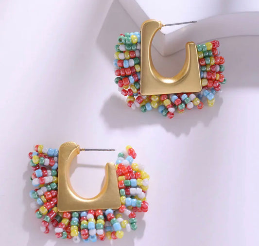 Gold Beaded Square Hoop (medium) - Multicolour