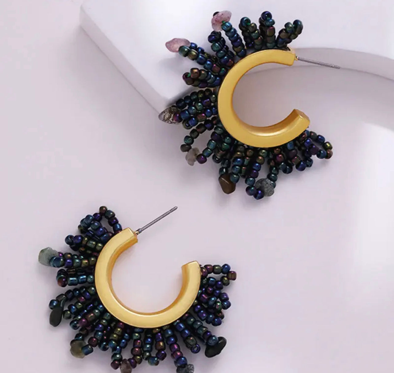 Gold Beaded Hoop (medium) - Black