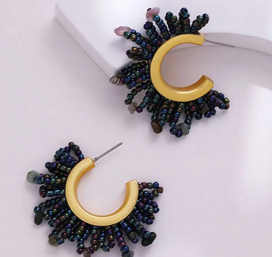 Gold Beaded Hoop (medium) - Black