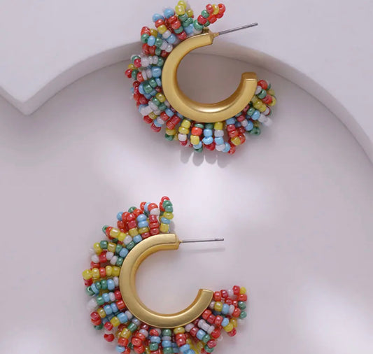 Gold Beaded Hoop (medium) - Multicolour