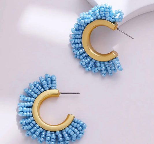 Gold Beaded Hoop (medium) - Blue